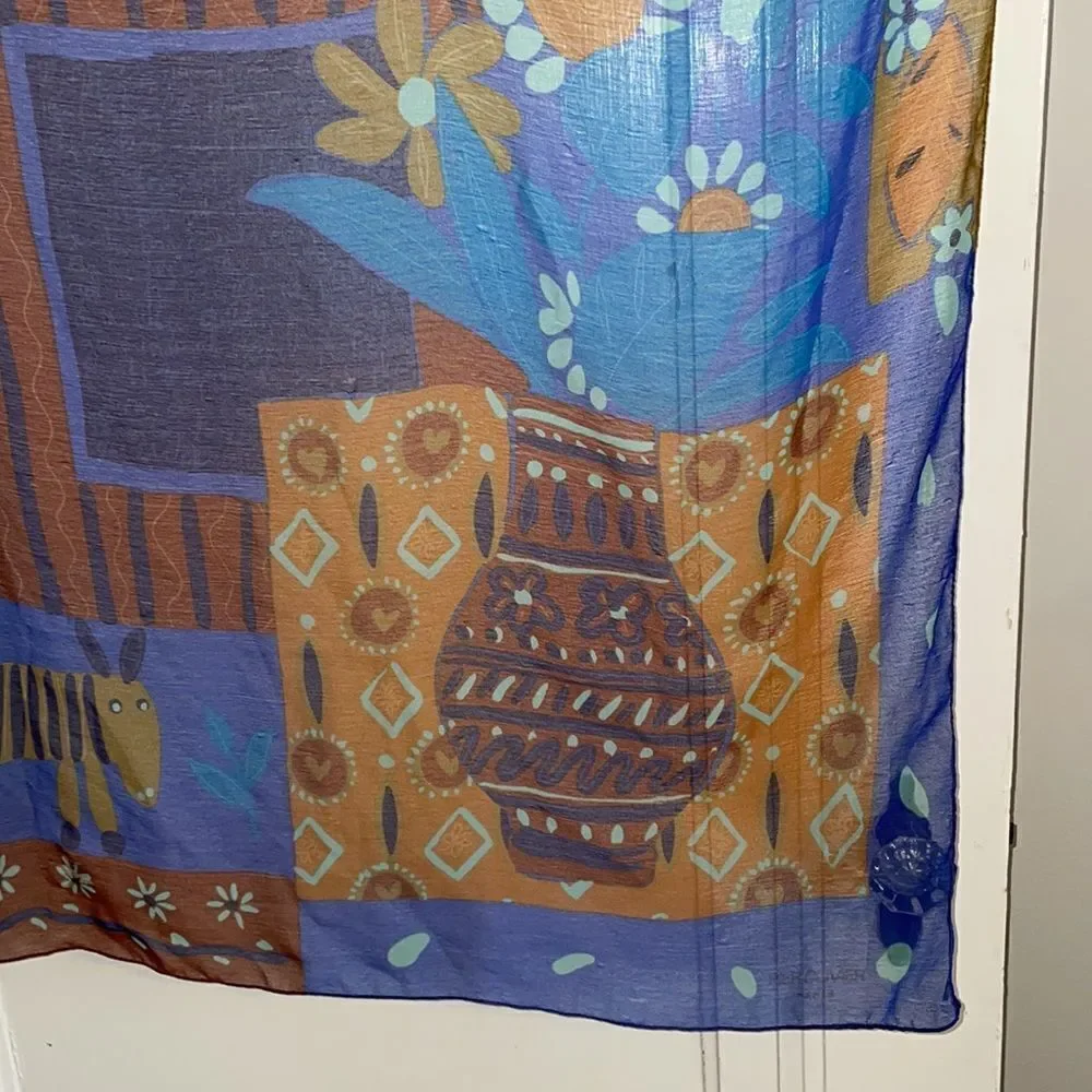 Vintage large Pier Olivier Paris blue, orange & purple‎ semi sheer square scarf